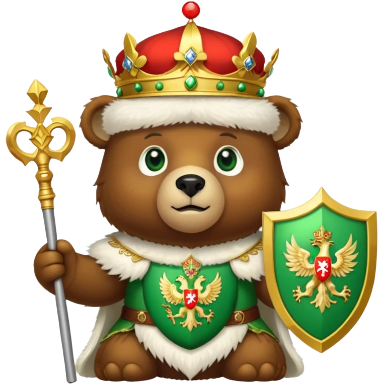 Endearing brown bear with bright green eyes, white fur hat with detailed Russian emblem: golden double-headed eagle with crowns, scepter, orb, and red shield with St. George slaying dragon, iOS emoji style emoji