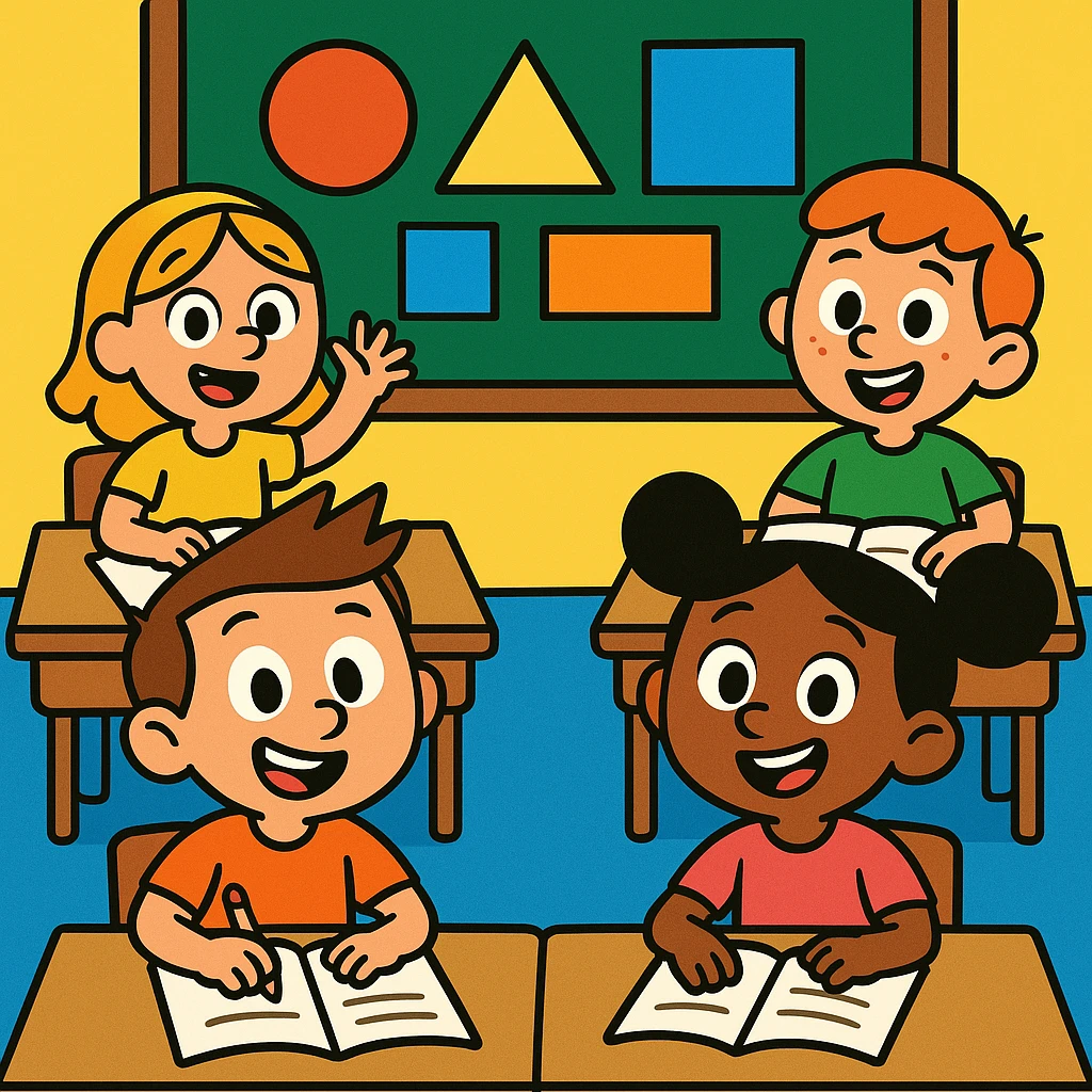children sitting at desks with notebooks in front of them, geometric shapes lesson, cheerful, cartoon style emoji