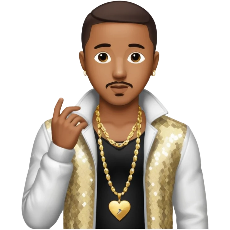 Marques Houston with dark brown hair, white sequin jacket, shirtless with necklace emoji