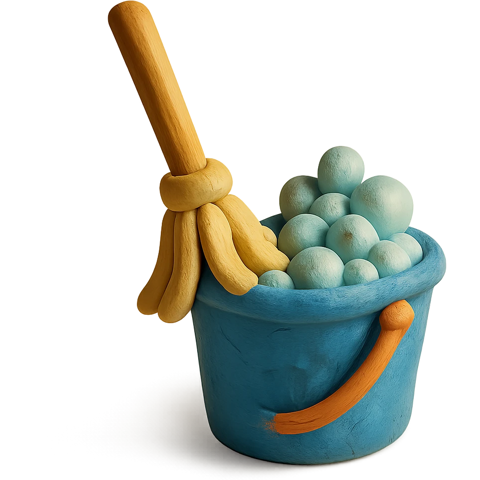 mop inside a bucket with soapy bubbles, playful arrangement, pastel palette, claymation style emoji