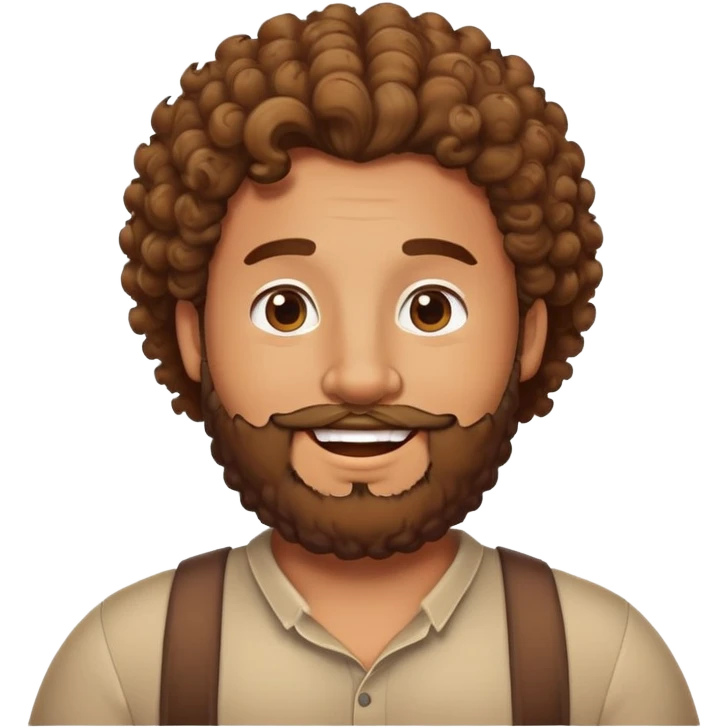 tan guy with mid-length curly hair, beard, chubby build, happy face emoji