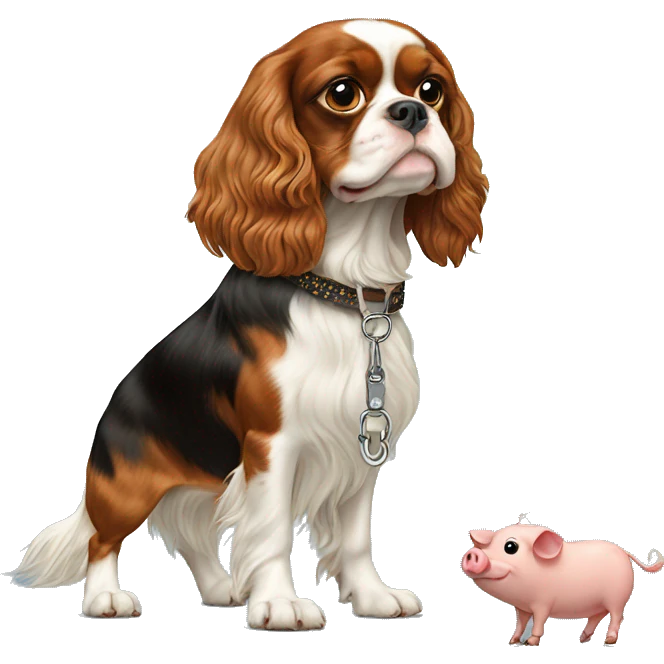 King Charles spaniel walking a pig on a leash emoji