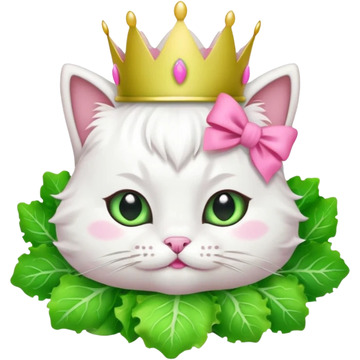 white cat with pink bow and green lettuce crown, emoji style emoji