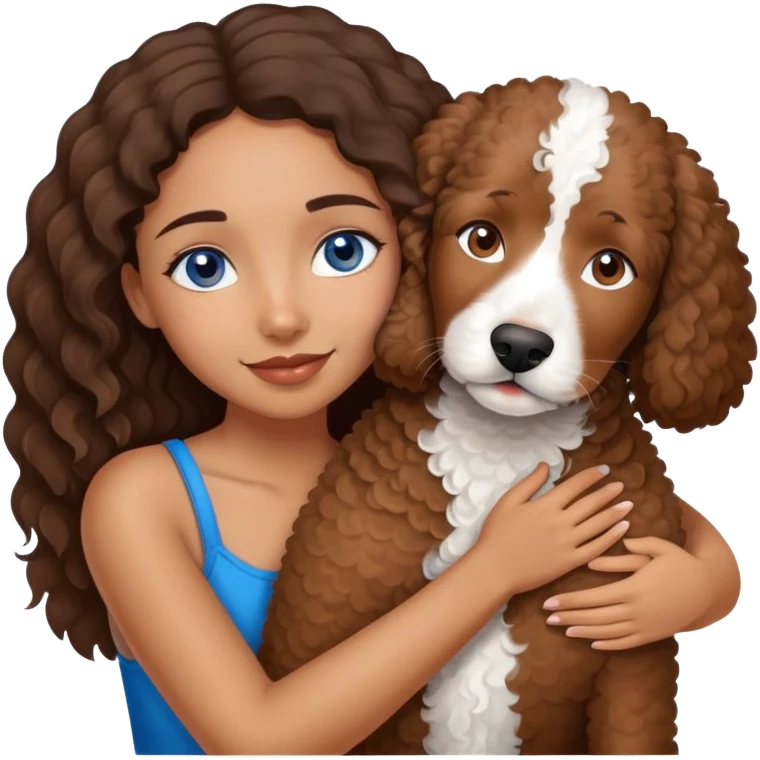 A brown girl with blue eyes hugging her Brown Spanish water dog  emoji