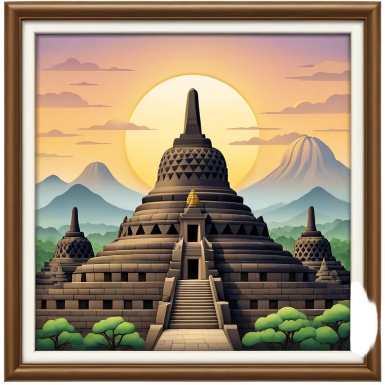Cinematic Realistic Borobudur Landmark Emoji, showcasing the majestic ancient Buddhist temple rendered with intricate textures and serene, historic lighting. emoji