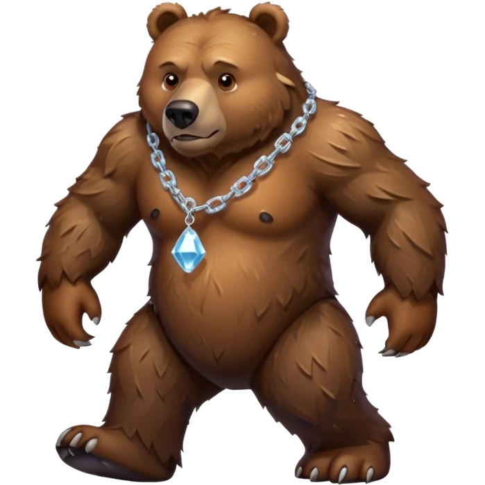 Fierce brown bear walking on four paws with an ice chain necklace, frozen chain links made of crystal clear ice, serious face emoji