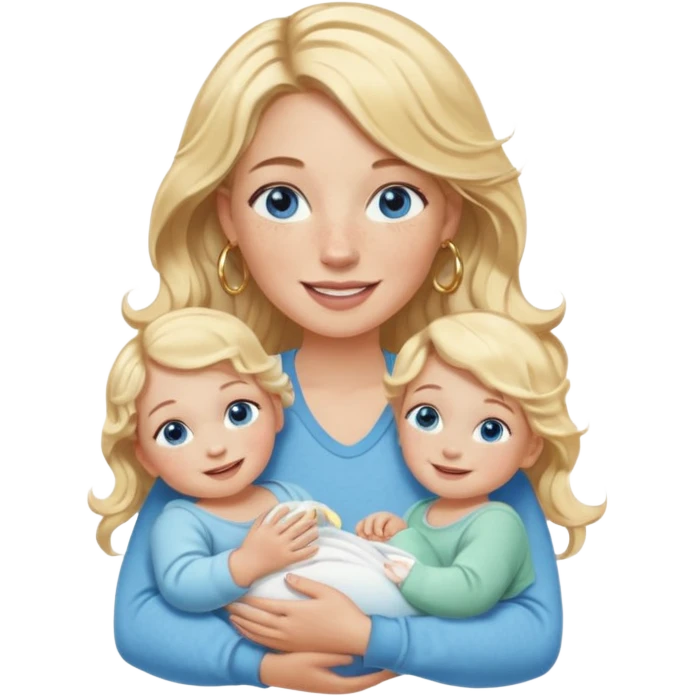 Wavy blonde, white woman with blue eyes, freckles hoop earrings, holding babies smiling and really cute in gold hoops she needs to be holding three newborns, and she needs to be more cute than pretty emoji