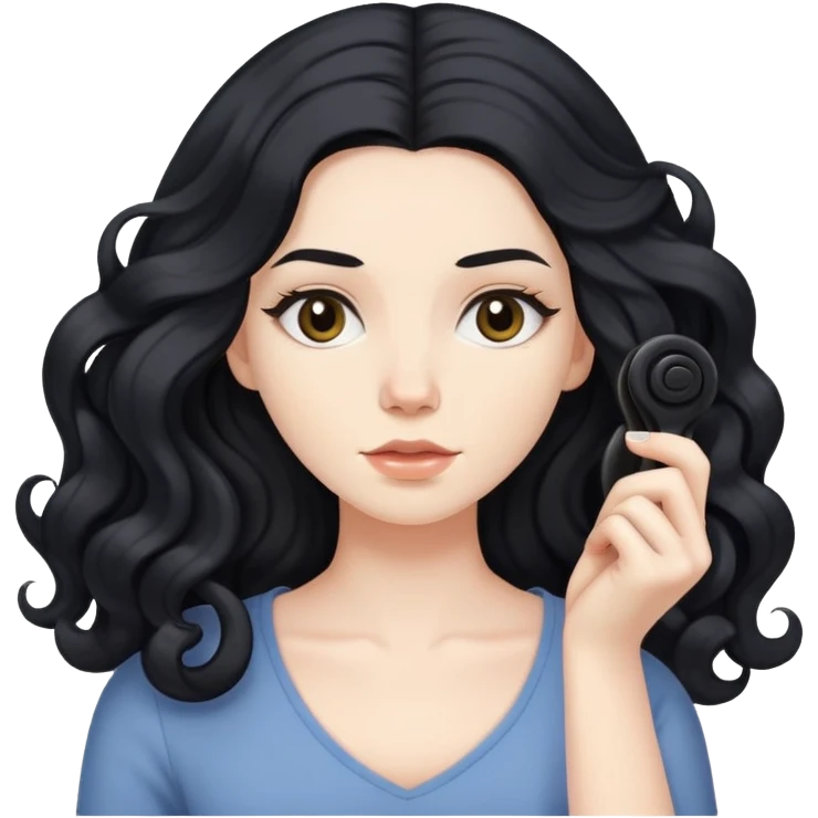 pale skinned woman with long black hair curling her hair, getting ready emoji