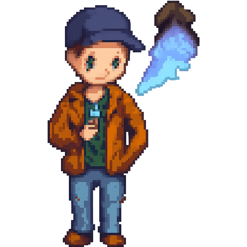 Add a baseball cap to the guy vaping in pixel art style, no background. emoji