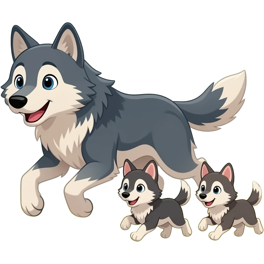 The cartoon wolf haves 3 wolf pups they run together emoji