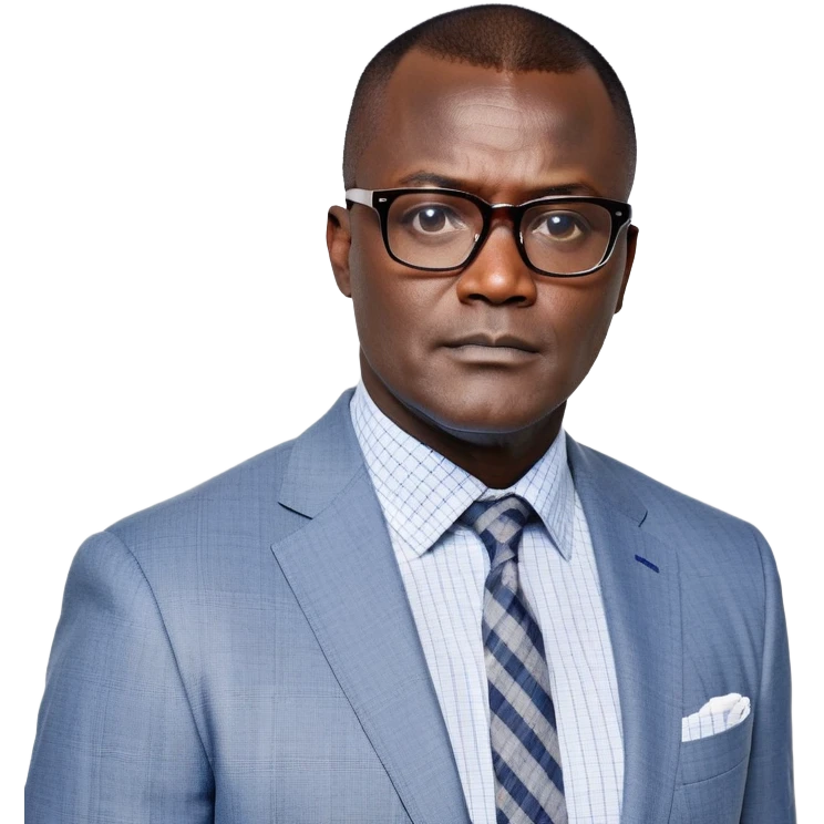 Larger 50-year-old man with extremely wide square face and prominent jawline. Full head of short straight dark hair with some gray, combed neatly to the side. Large dark square-framed glasses. Serious expression. Wearing a light gray blazer over a white button-up shirt with blue checkered pattern. emoji