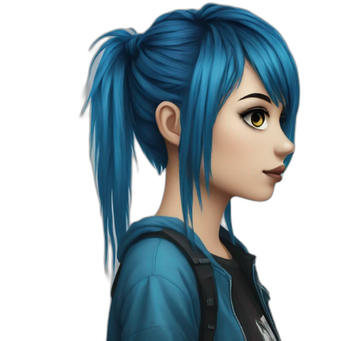 Side profile realistic emo girl, black makeup, long choppy blue hair side bangs emoji