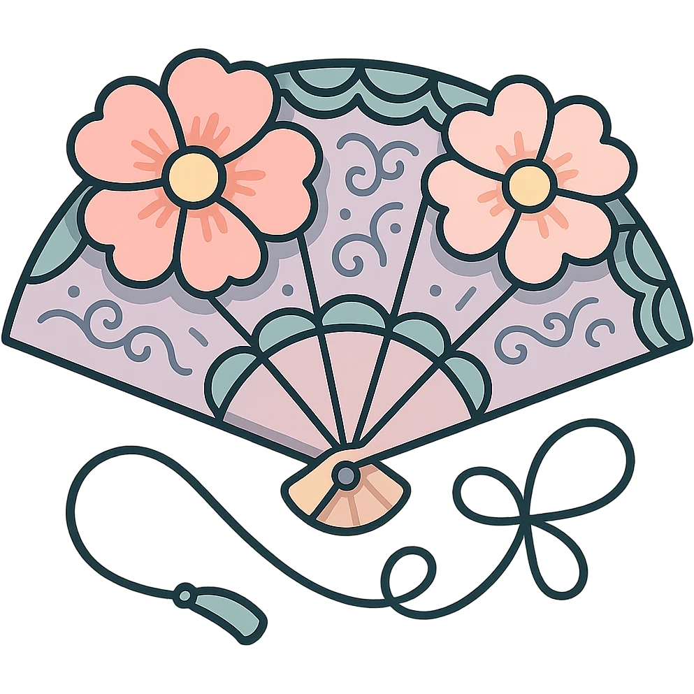 detailed Chinese fan with elegant curved cords and large flowers, complex patterns, detailed shadows and highlights, thin clean outlines, soft rounded shapes, pastel palette #98B5BC, #B5B3C1, #C9A3C9, #E4C0CA, #F7DCD1, #F7C0AA, modern Japanese pop art and sticker aesthetic, soft lighting, transparent background emoji