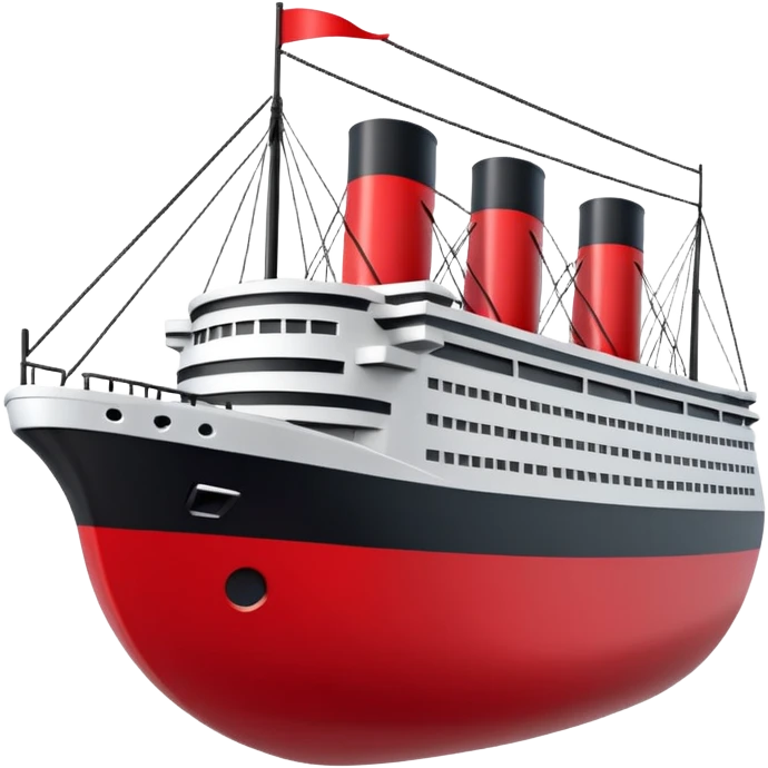A 3D stylized Titanic ship in Apple emoji style, smooth and glossy surface, clean white and black colors with red accents, large expressive windows but no face, sailing on calm ocean with soft lighting, Pixar-quality render, minimal and elegant design, isolated on studio background.

 emoji