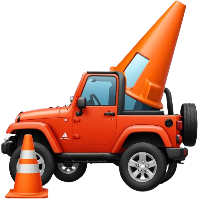 red Jeep Wrangler with a completely all-white traffic cone flattened under the tire, no orange, no stripes, no markings, emoji style emoji