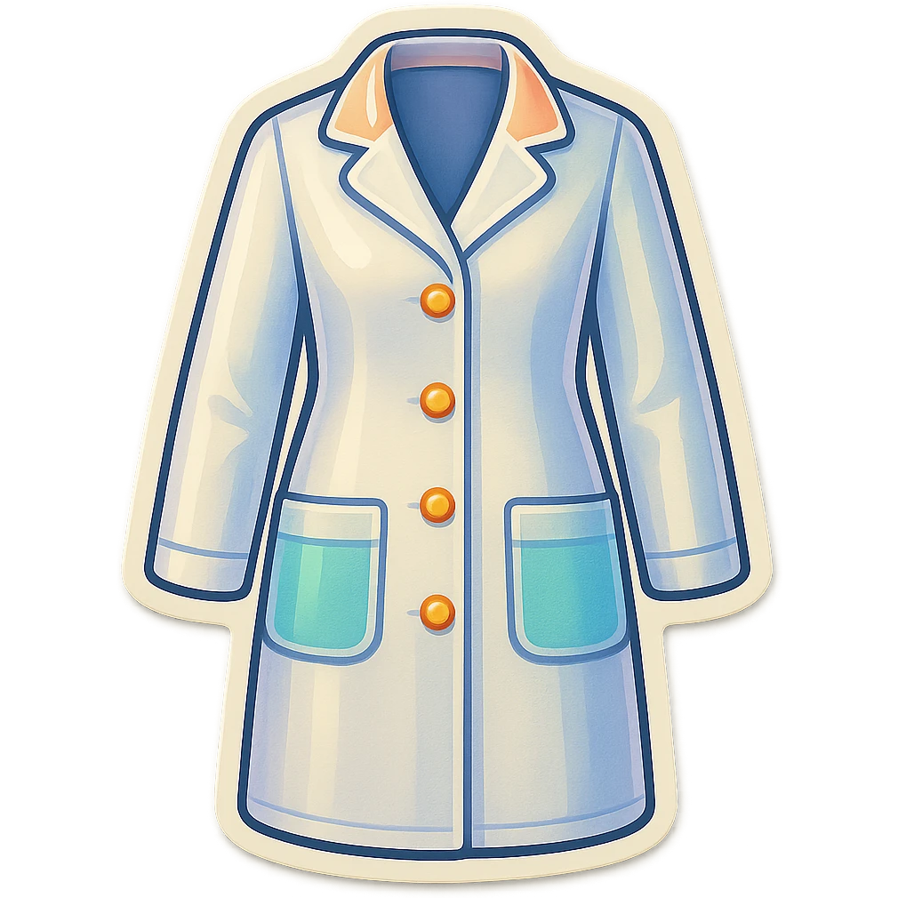 female medical coat with pockets full length, no girl, front view, retro stickers style, soft rounded shapes, clean contours, pastel palette, detailed shadows and highlights, modern illustration, transparent background emoji