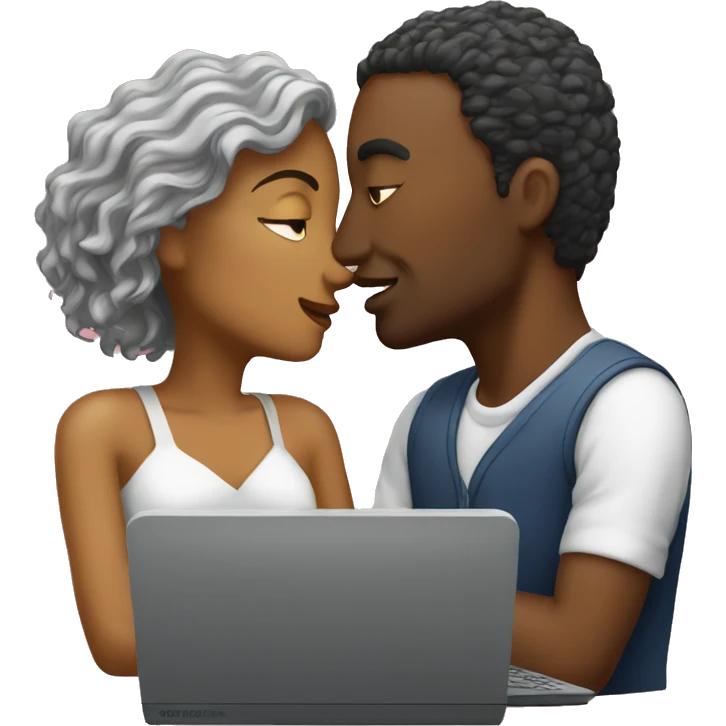 a couple both work on computers and kiss each other emoji