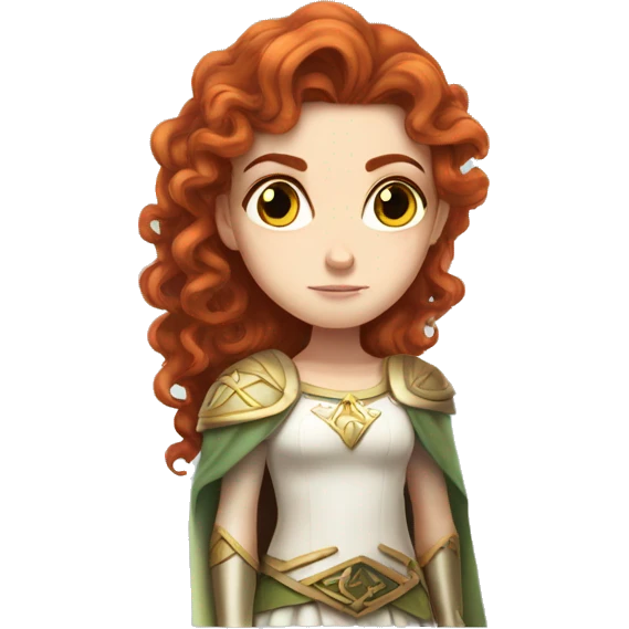 a white girl with long red curly hair and freckles, cosplaying Princess Zelda posing and being serious emoji