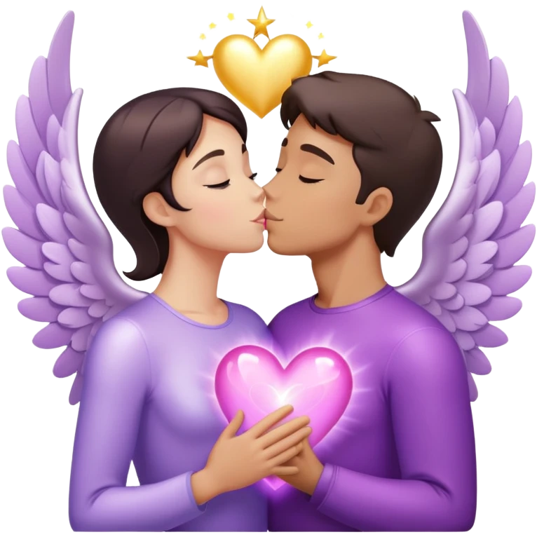 White brunette human man with rays of light Heart kisses a pastel purple angel woman emoji