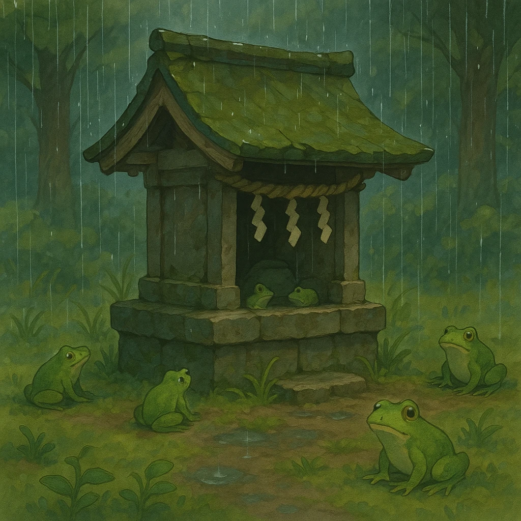 Rain falling gently on a tiny shrine surrounded by frogs. emoji