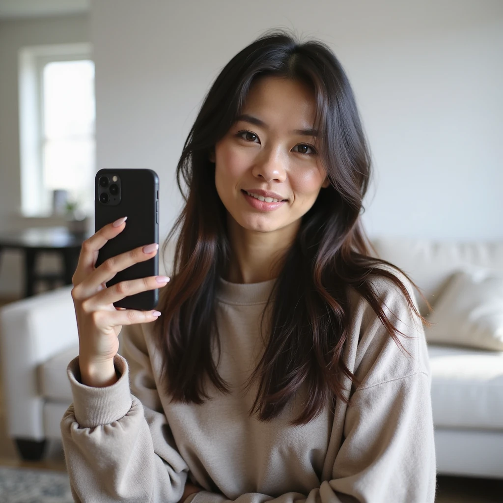 realistic PNG image of a woman with long straight dark brown-black hair holding an iPhone recording a TikTok video wearing casual clothes with a neutral expression in a bright living room transparent background emoji