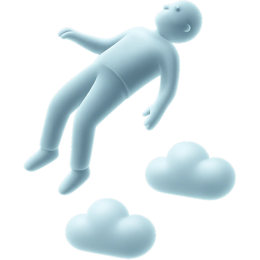 unconscious person flying vertically, clouds small, very bright white, fluffy, convex, matte glass style emoji