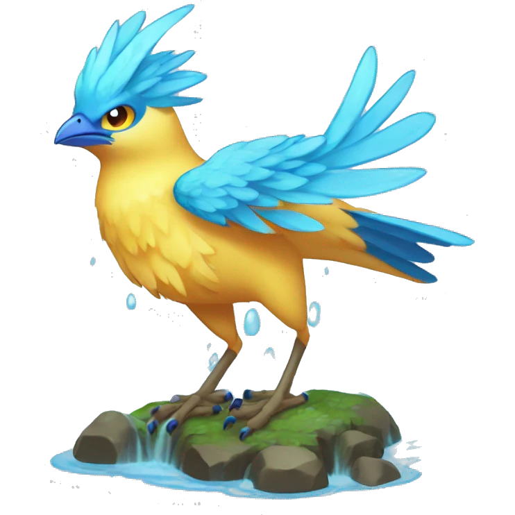 Wet Cool Cute Fantasy legendary blue bird water-type-Hydro-Phoenix-avian Fakemon full body emoji