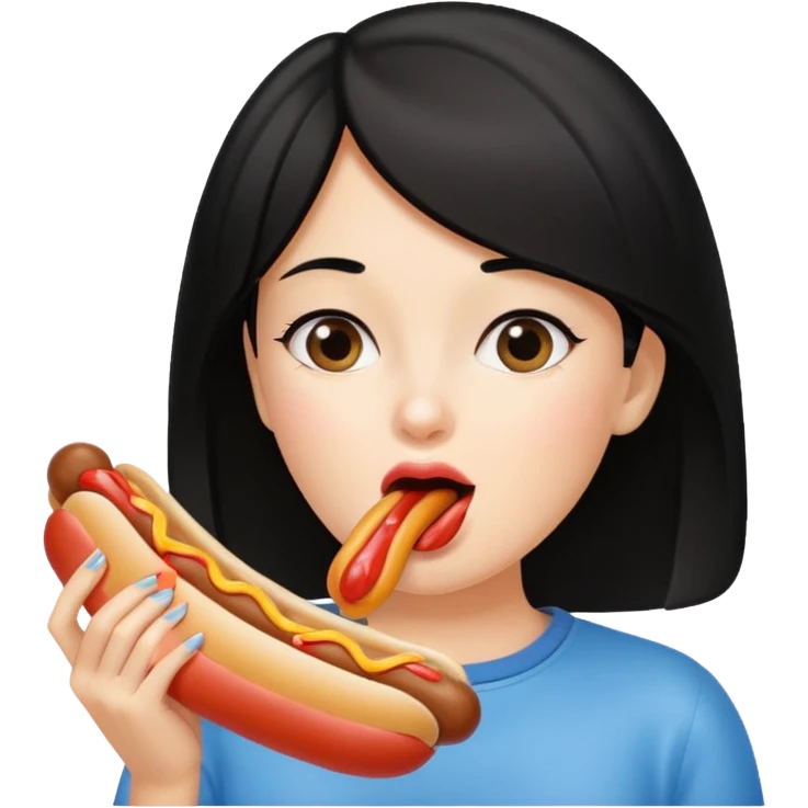 Black haired girl holding hotdog near mouth pretending to lick it emoji