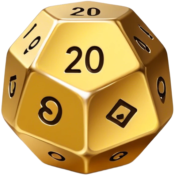A gold 20-sided die
Gold color with metallic shine emoji