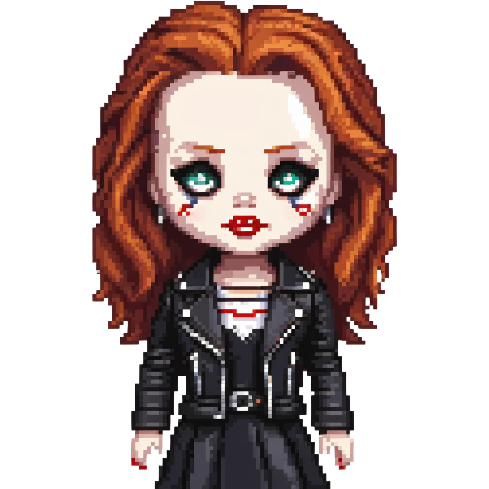 doll version of Chucky's bride in black dress, black leather jacket, heavy dark makeup emoji