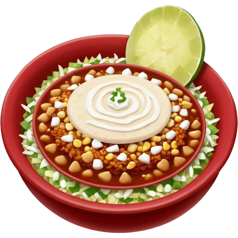 A delicious hot bowl of pozole rojo emoji. Steam rising. Hominy visible. Place the sides next to the bowl: chopped onions, shredded cabbage, lime wedges, red chile de arbol salsa, and full round tostadas with a light smear of sour cream emoji