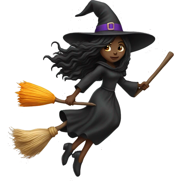 black long hair witch flying on a broom white skin emoji