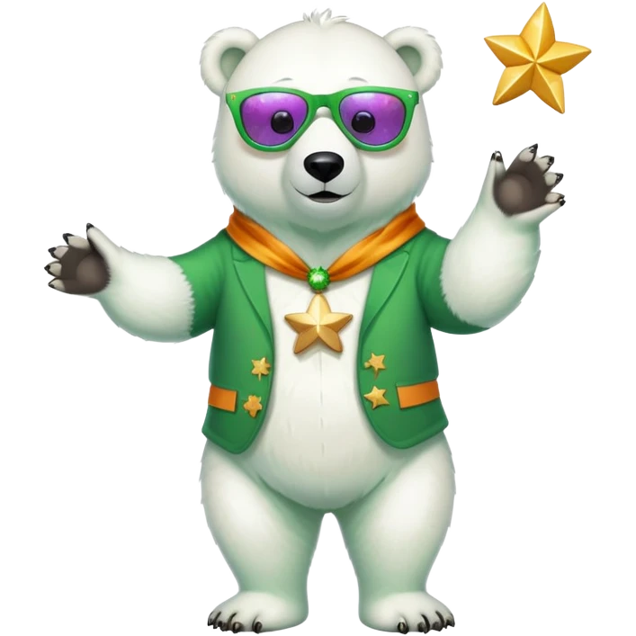 full body friendly anthropomorphised polar bear wearing oversized colorful star glasses and festive St. Patrick's Day outfit, playful pose emoji