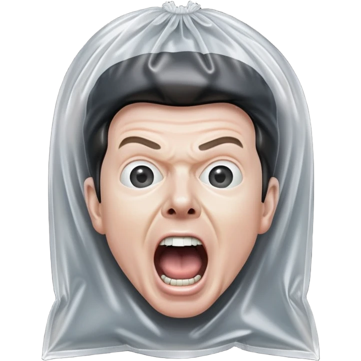 White Rick Astley that has a white head with no eyes covered in a plastic bag and he is screaming and the background is pitch black emoji