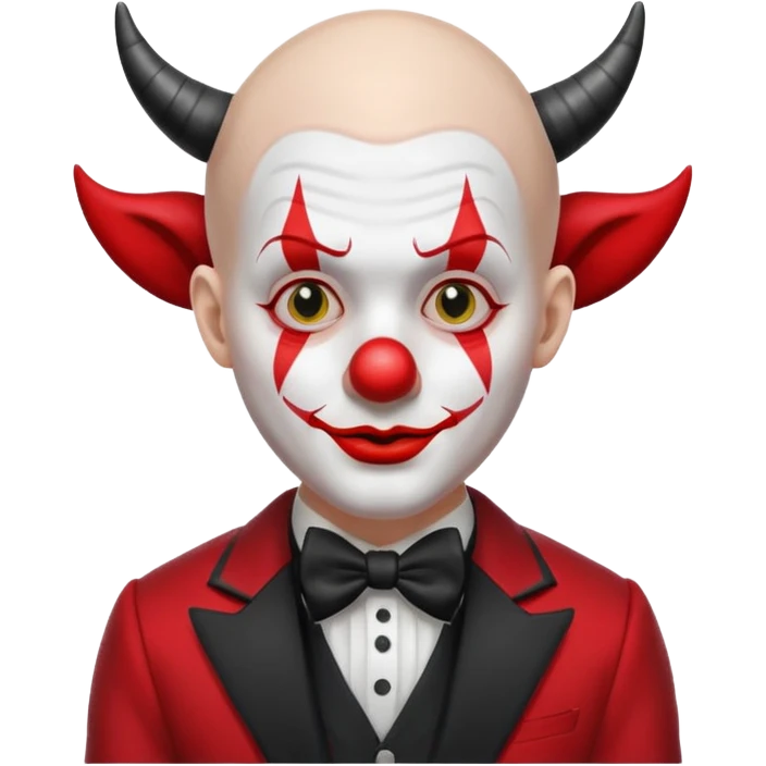 Crea un payaso con cara blanca sin pelo con cuernos negros y un traje rojo con negro emoji