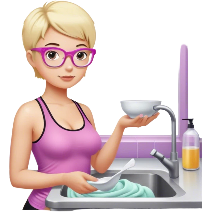 Thick fair skinned woman, short blond hair, small light purple reading glasses, washing dishes, SFW sheer pink tank top, without undergarments showing natural breast shape SFW, black yoga pants, thick booty emoji