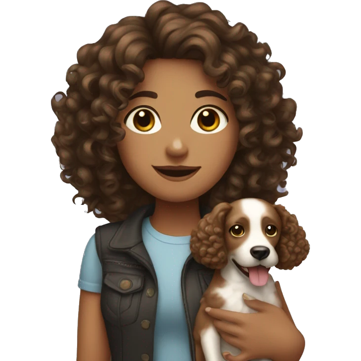 Curly brunette girl with a dog emoji