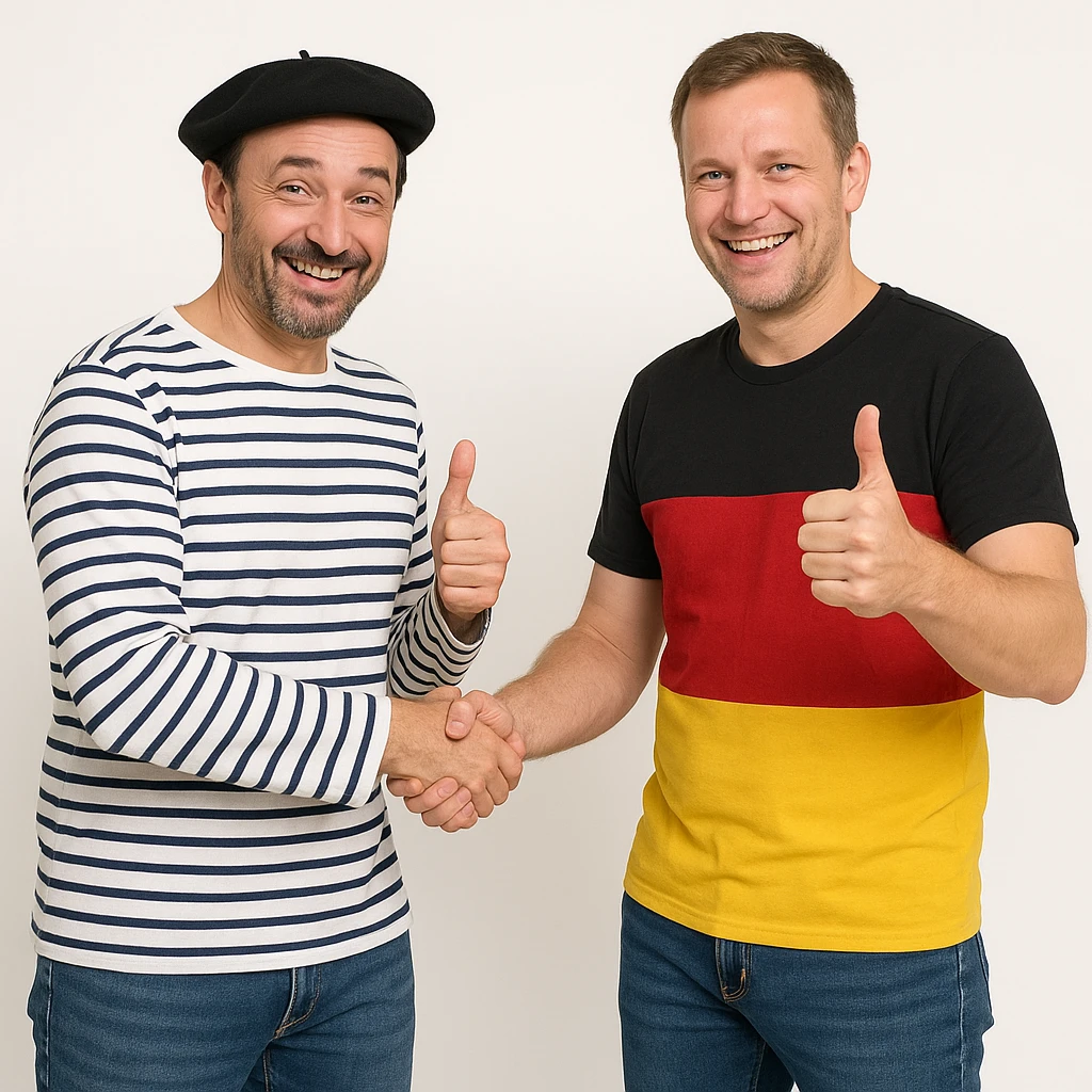 A French man and a German man shaking hands and giving thumbs up, friendly, both in casual clothes, clear national cues including French beret and German flag colors, white background. emoji