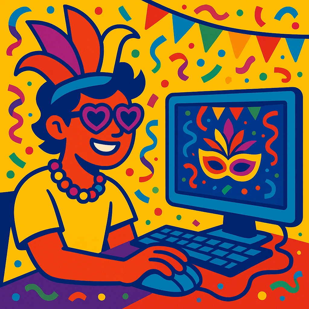 online games with Brazilian carnival elements, confetti, vibrant colors, festive emoji
