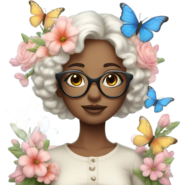 Gorgeous pastel lady with flowers and butterflies with blue eyes and glasses  emoji