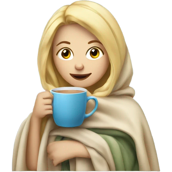 blonde hair girl in blanket drinking warm drink emoji