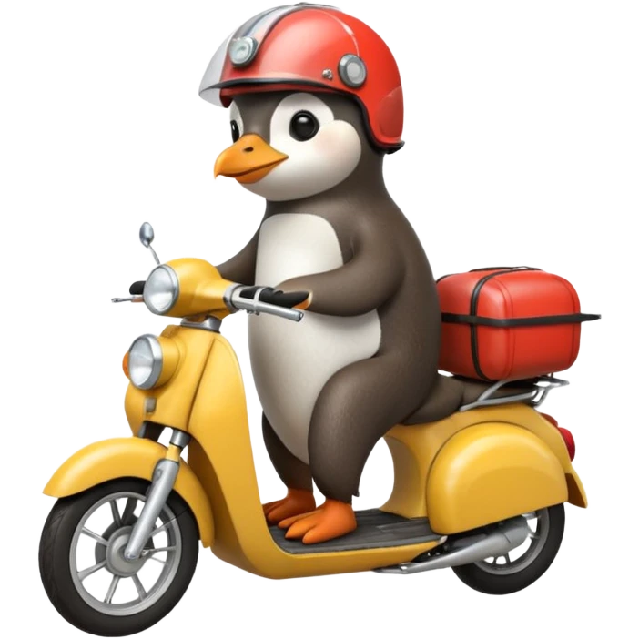 Penguin driving moped with otter behind him emoji