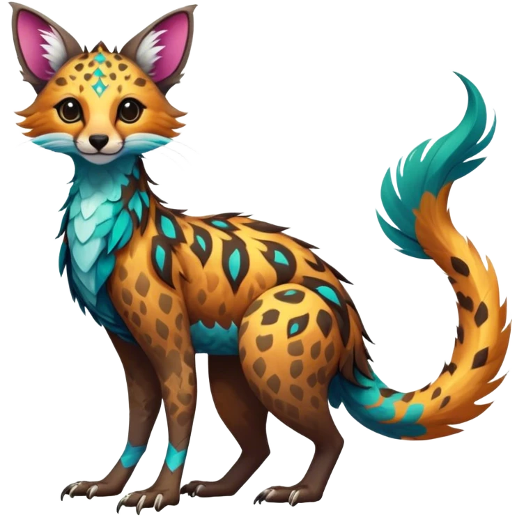 Feral Rare Fantasy vibrant colorful tropical Vernid-Trico-species by LiLaiRa, random markings, tufted tail, tufted ears, full body emoji