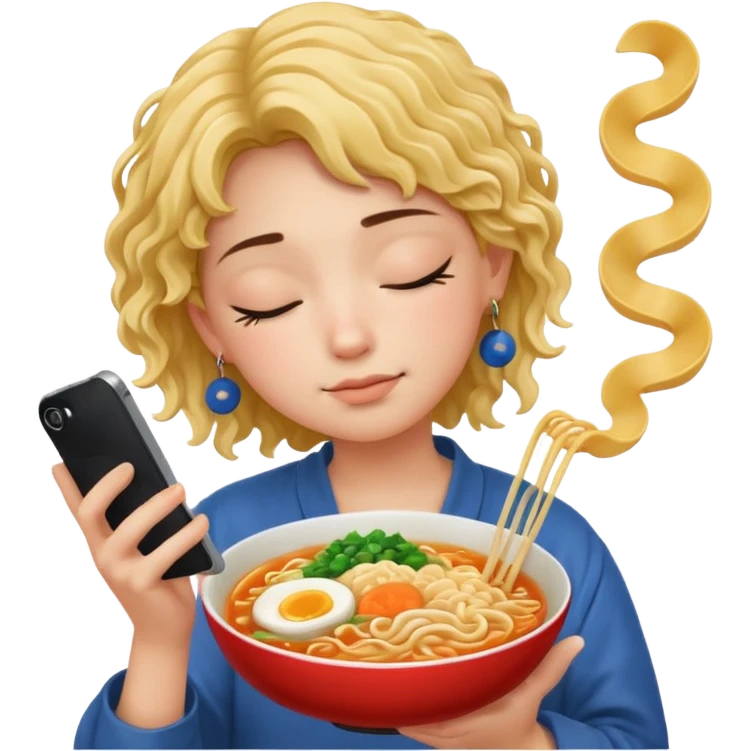 Sleeping emoji with phon in hand earring ramen noodles emoji
