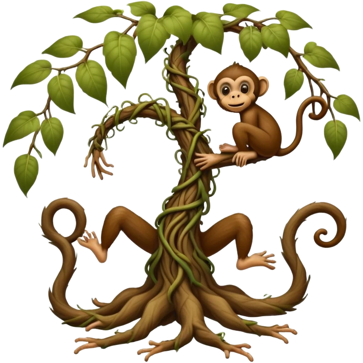 A fantasy creature with bare human feet, twisted vine-like root legs extending upward, and a cheeky monkey face at the top emoji