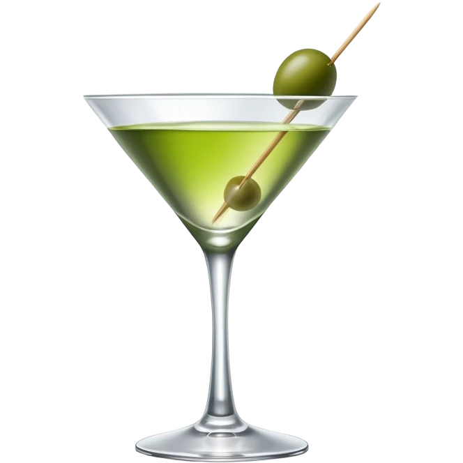 empty martini glass with just a hint of colorless liquid, showing mostly glass with very minimal liquid representation, single green olive on toothpick emoji