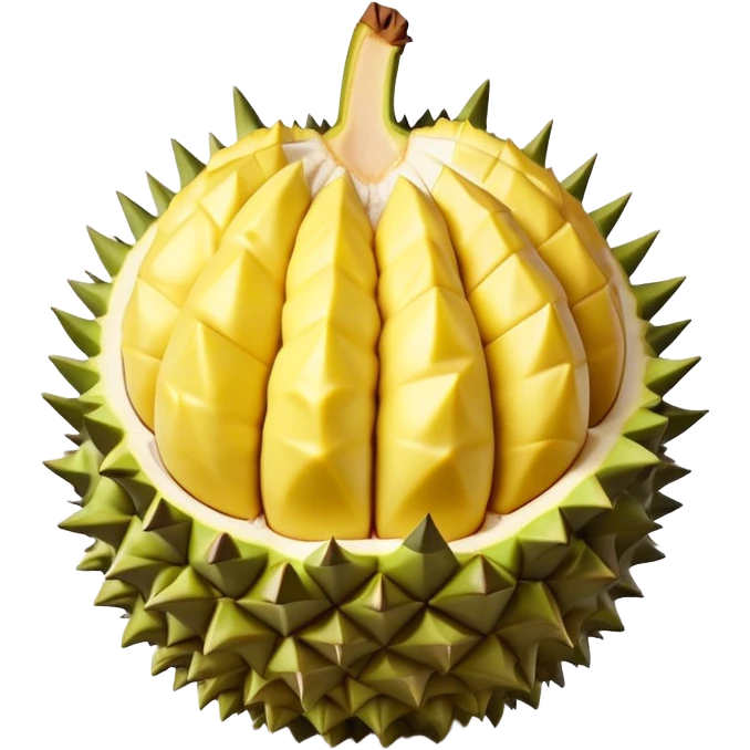 Cinematic Realistic Durian Fruit Dish Emoji, depicted as the notorious spiky fruit with a rich, custardy interior rendered with lifelike detail and bold, distinctive lighting. emoji
