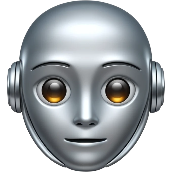 A cute futuristic robot emoji made of silver chrome, rounded friendly body, minimal facial features, glossy metallic surface, soft reflections, iOS emoji style, centered, clean white background emoji
