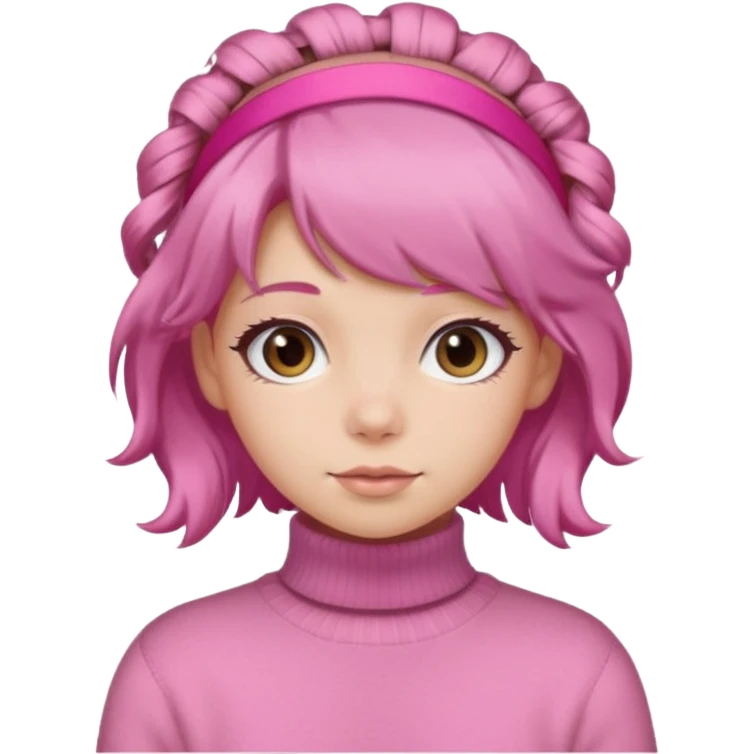 brown fluffy haired girl with pink turtleneck sweater and pink hair band emoji
