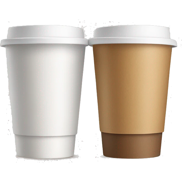 Two white takeout coffee cups with a brown label emoji